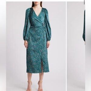 FLORET STUDIOS Long Sleeve Satin Faux Wrap Midi Dress in Green Pink size M